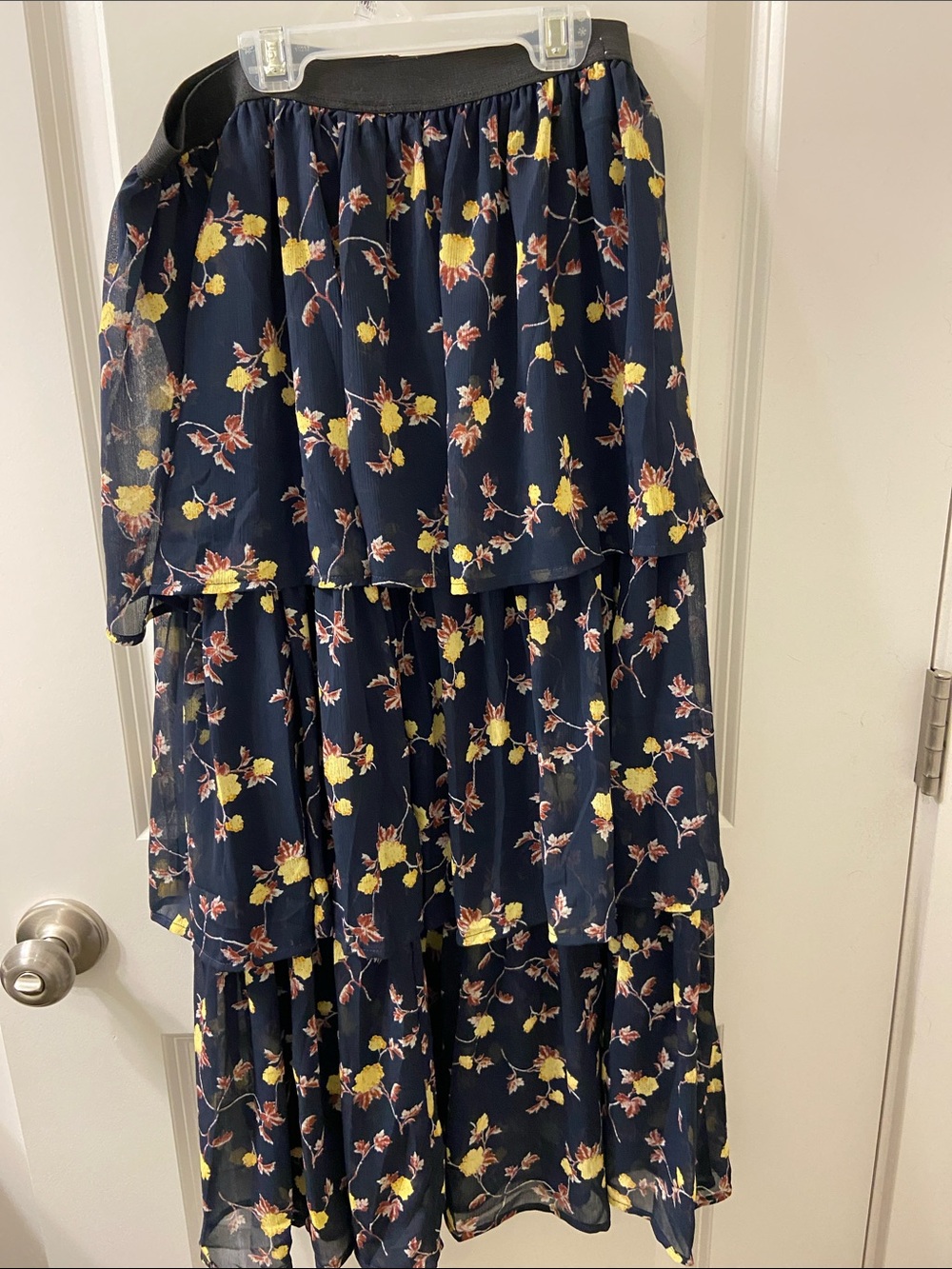 Lush Navy Tiered Maxi Skirt with Yellow Floral Print